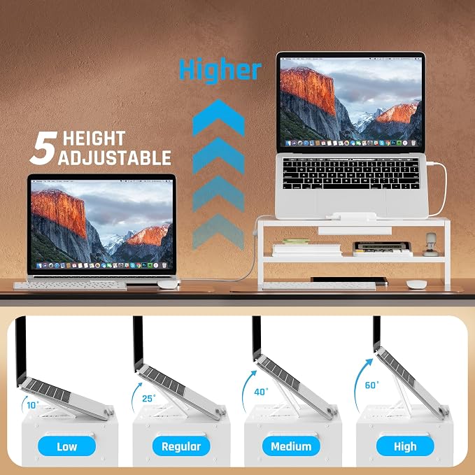 AFOOYO Adjustable Wood Laptop Stand, Ergonomic Height Angles Computer Holder Riser for Desk Compatible with Air, Pro, Dell, HP, Lenovo More 10-17.3" Laptops, White - Image 2