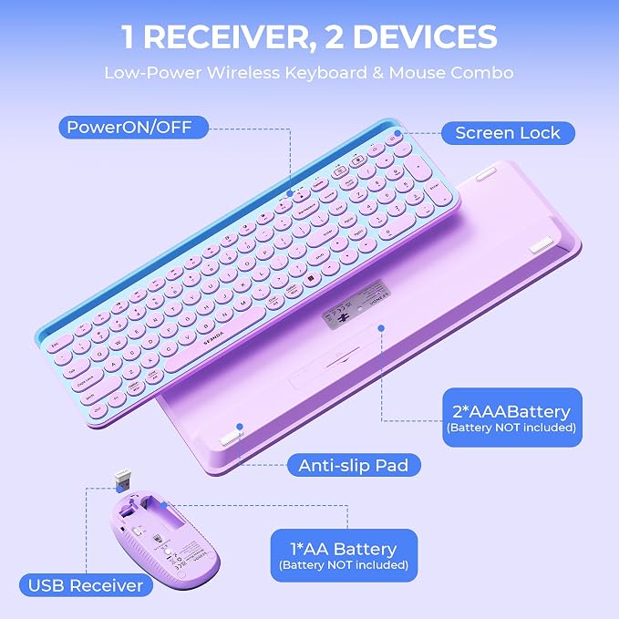 seenda CTU-301 Bluetooth Keyboard and Mouse Combo for iPad,Blue&Purple | Bluetooth+2.4G combo with tablet holder, full-size keys and quiet clicks for iPad, iPhone, Mac, Windows and Android. - Image 5