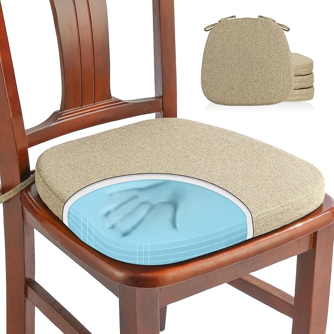 SINOSSO 4 Pack Memory Foam Chair Cushions for Dining Chairs, Friendly Woven Fabric 16" U-Shape Comfortable Kitchen Chair Pads, Removable Slip Resistant Seat Cushions (Set of 4, Linen) by SINOSSO