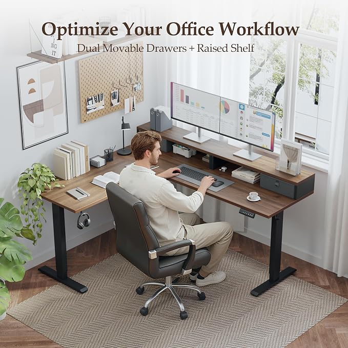 Klicelor L Shaped Electric Standing Desk 63 x 55.1 inch with Shelf, Height Adjustable Corner Desk, Sit Stand Desk with Storage Shelf, Home Office Computer Table, Dark Walnut - Image 3