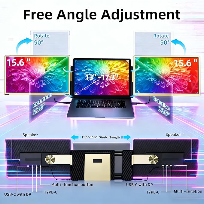 ROYY Triple Laptop Screen Extender, 15.6" 1080P Detachable Portable Monitor | Dual screens for work/travel/home office, One cable plug & play, compatible with Windows/Mac/Android/Switch/PS - Image 3