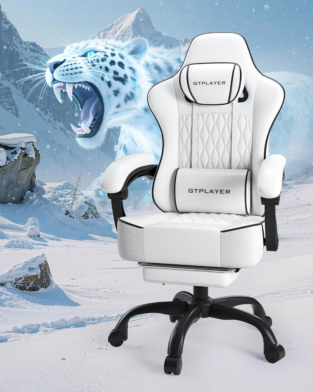 GTPLAYER Big and Tall Gaming Chair with Footrest, Ergonomic Office Desk Chair with 4.4in Thick Cushion and Wide Wingless Seat, Comfortable Leather Computer Chair, Predator Series, White - Image 10