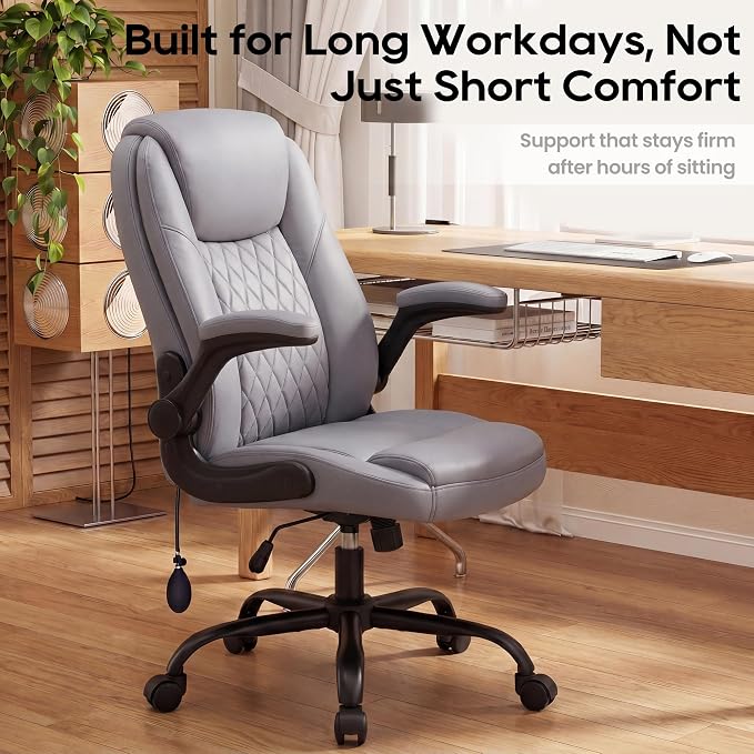 MALOL Leather Office Chair, Computer Desk Chair with Adjustable Lumbar Support, Thick Cushion, Flip-Up Arms and Ergonomic Back, Comfy Executive Office Chair for Home Office Gaming,Grey - Image 9