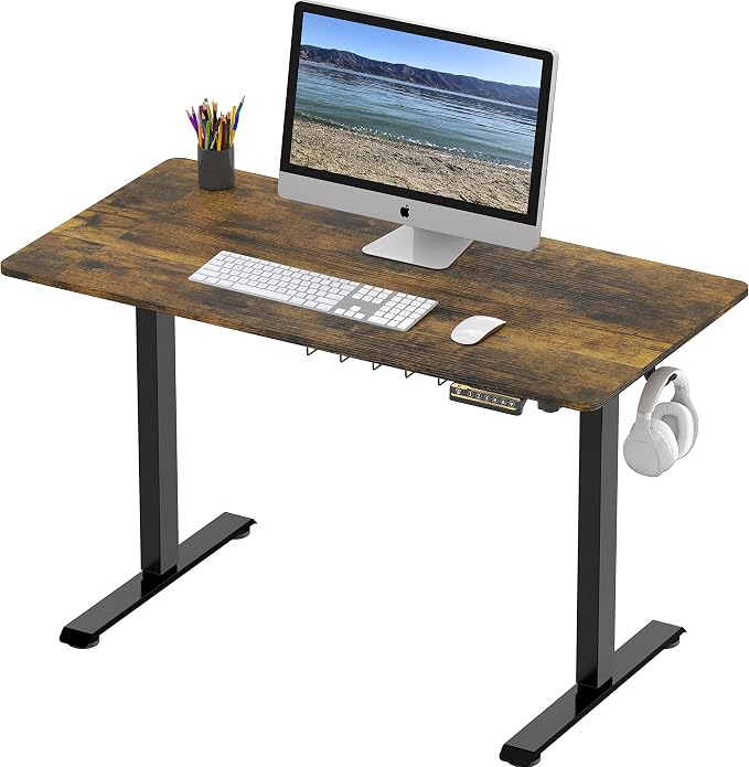 SHW 48-Inch Electric Height Adjustable Sit to Stand Desk, Rustic Brown | with Hanging Hooks and Cable Management, Black Frame and Rustic Brown Top - Image 4