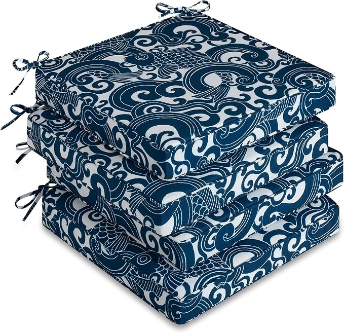 downluxe Outdoor Chair Cushions Set of 4, Waterproof 19" x 19" x 3" Patio Chair Cushion with Non-Slip Ties & Handle, Square Outdoor Cushion for Patio Furniture with Removable Cover, Blue Carp by Downluxe