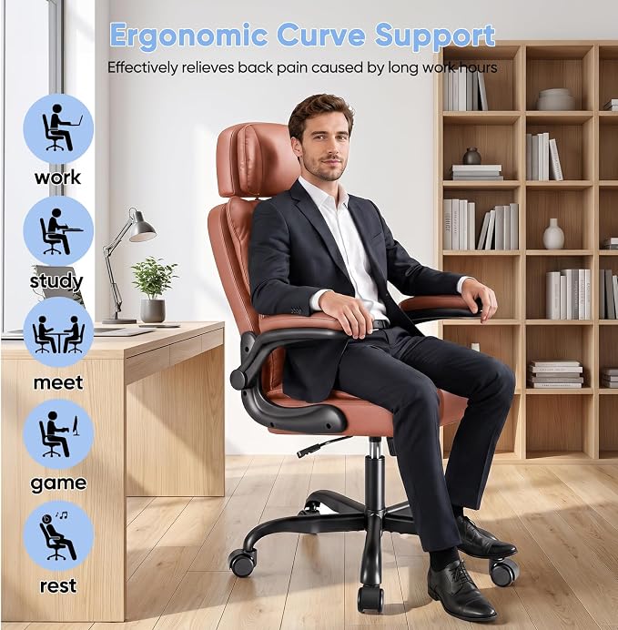 Kensaker Managerial Executive Chair with Adjustable Headrest | High Back Lumbar Support Computer Chair PU Leather Chairs Comfy with Double Padding & 135° Rocking for Home Office, Brown - Image 6