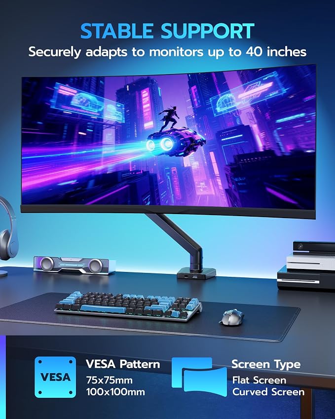 ARES WING 17-40 Inch Heavy Duty Monitor Arm with USB, Black | Fully Adjustable Monitor Mount for Ultrawide Screens up to 26.4 lbs with Clamp/Grommet Desk Mount, 75/100 Vesa Mount - Image 3