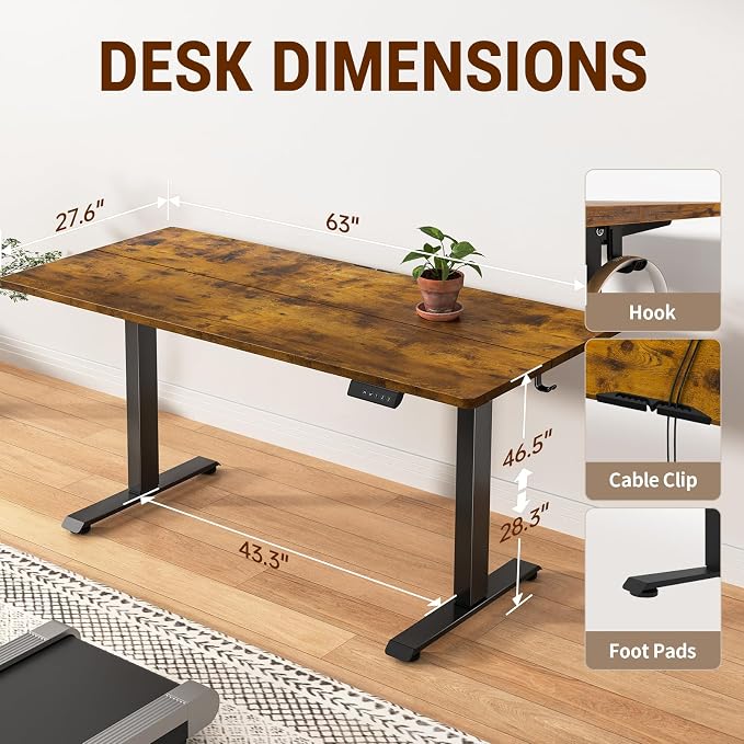 Veken 63×27.6 Inch Large Electric Standing Desk, Gaming Table, Brown | Height Adjustable Sit Stand Up Computer Tables for Home Office, Study , Writing, Suit students, employees and group work - Image 2