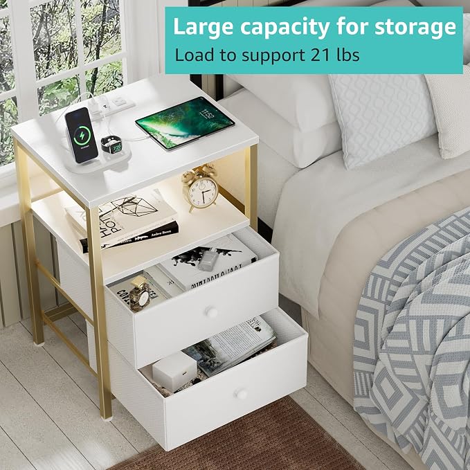 BOLUO Nightstand with Charging Station, LED Night Stand with 2 Fabric Drawers, Bedside Table with USB Ports and Outlets, Nightstand for Bedroom Modern - Image 5