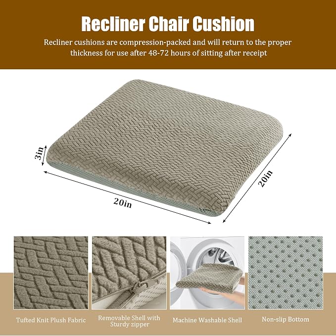 HOMBYS Tufted Furry Recliner Seat Cushion for Elderly Foam Curved Edge Large Square Seat Cushion for Recliner Chair, Floor Pillow, Office Chair, Car, No Pressure on Thighs(Coffee) - Image 2
