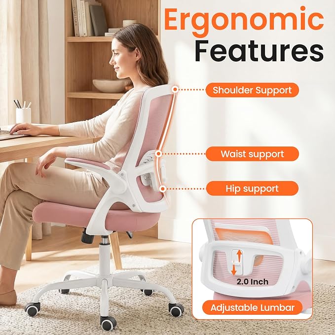 NEO CHAIR Office Desk Mesh Chair with Adjustable Ergonomic Lumbar, Pink | Breathable Mesh Back Support with Flip-Up Armrests and Wide Seat Cushion for Comfortable Home Office Work and Gaming Setup - Image 5