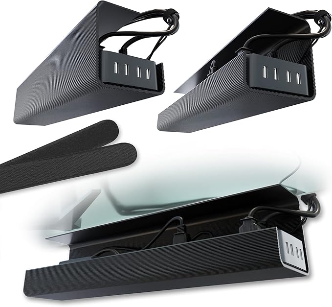 Scanfield Under Desk Cable Management Tray, No-Screw, 17-Inch, 2-Pack Black | Clear the Workspace Fast with Super Strong 24-Hour Cure Adhesive, 5″ Interior for Power Strips, Chargers and Bundled Cords by ScandinavianHubCableTrays