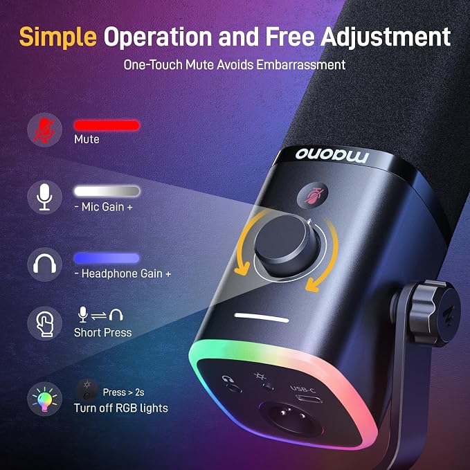 MAONO XLR/USB Gaming Microphone for PC, Dynamic Computer Mic for Streaming Podcasting, Noise Reduction, Mute, Volume Control, RGB Boom Mic for Vocal Recording,Voice-Over, PD100XS Black - Image 4