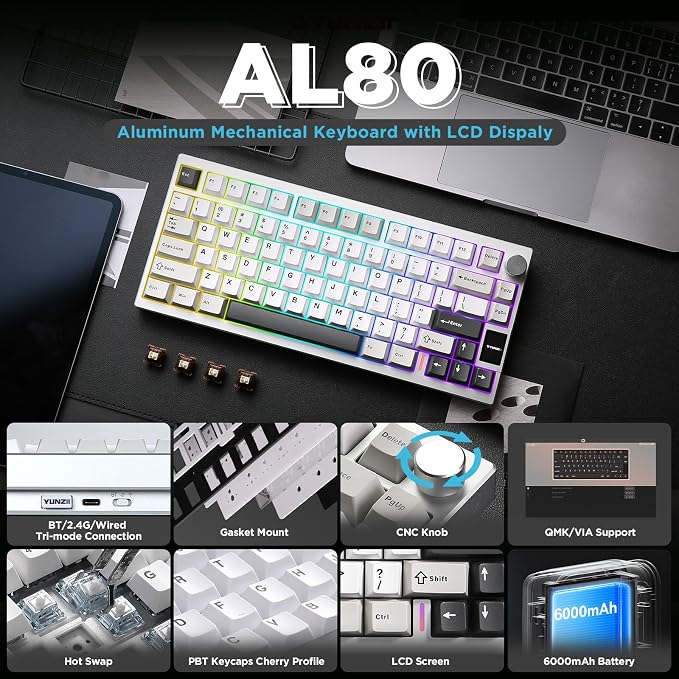 YUNZII AL80 75% Wireless Aluminum Mechanical Keyboard(Silver,Cocoa Cream) | QMK/VIA, Smart LCD Display and Knob, Hot Swap, Gasket Structure, BT/2.4G/USB-C, RGB Keyboard for Gaming/Win/Mac - Image 2