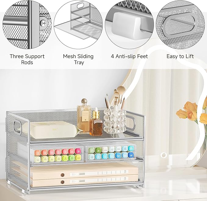 Subekyu 3 Tier Paper Desk Organizer with Handle and 1 PC Slideable Letter Tray, A4 Paper File Folder Sorter Metal Mesh Organizer for Home Office School Desk Supplies Organization Storage, Silver - Image 5