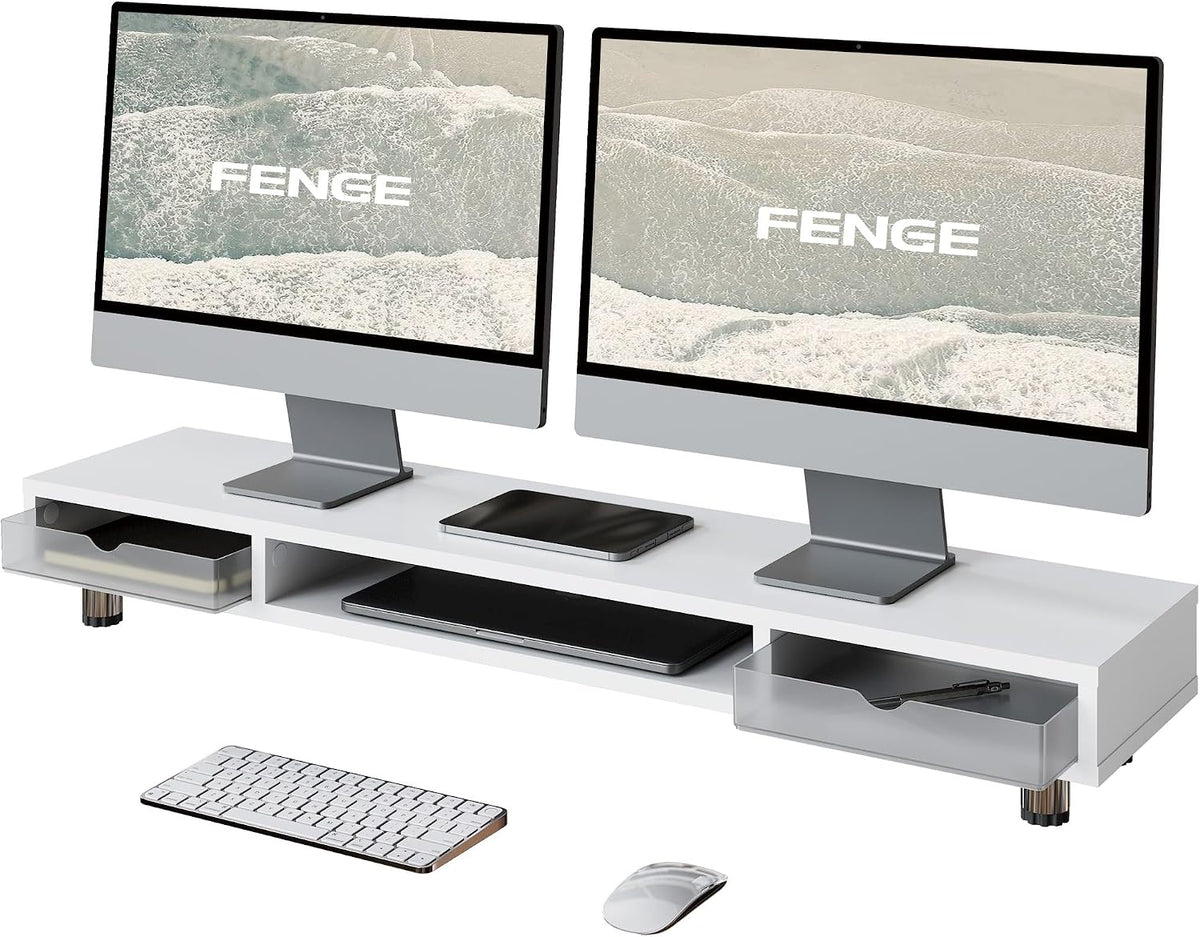 Fenge Dual Monitor Riser with 2 Drawers, 42.5in Long Desk Shelf, White by Fenge