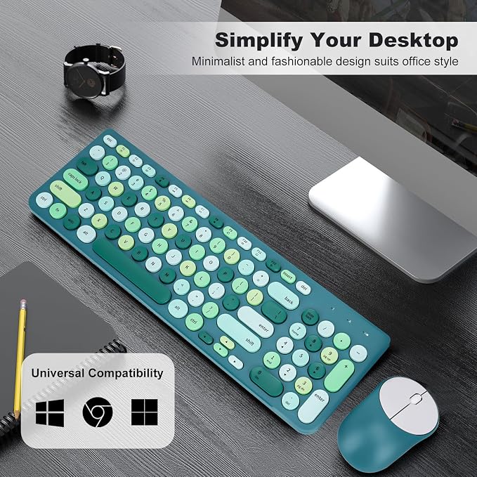 Wireless Keyboard and Mouse Combo, Retro Typewriter Keyboard with Round Keycaps, 2.4GHz USB Cute Wireless Keyboard Mouse for Computer, Desktop (Green) - Image 7