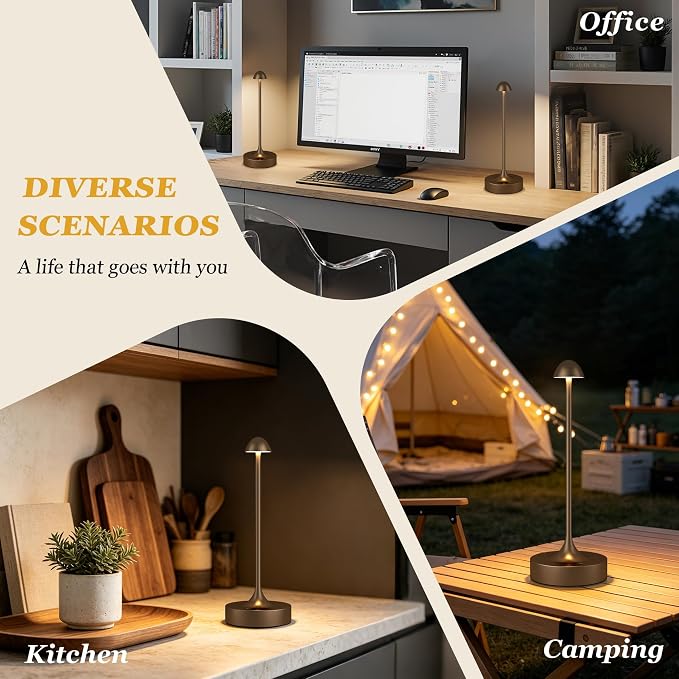 Kakanuo Rechargeable Cordless Table Lamp, Battery Operated Lamps, 3-Color Stepless Dimming, Portable Wireless Desk Lamp, LED Lighting for Dining Room, Restaurant, Office, Bar, Home(Brown 2 Pack) - Image 7