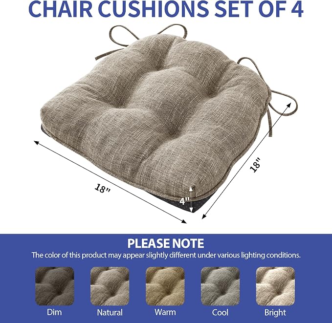 IPYNBAP Chair Cushions for Dining Chairs Set of 4, Kitchen Chair Cushions, Chair Pads with Ties and Non Slip Backing, Tufted Memory Foam Seat Cushion 4 Pack, 18" x 18" x 4", Khaki - Image 2
