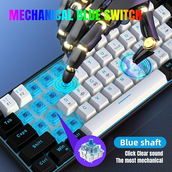 Snpurdiri 60% Wired Mechanical Gaming Keyboard (Black-White, Blue Switches) | Ice Blue LED Backlit 61 Keys Mini Wired Office Keyboard for Windows Laptop PC Mac - Image 3