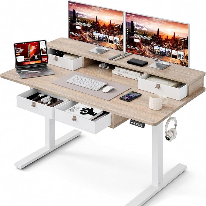 Grandder Electric Standing Desk with Four Drawers, Sit to Stand Up Height Adjustable Desk with Storage Shelf for Home Office, 47 * 28 Inch, Study, Ergonomic Adjustable Computer Desk, Maple by Grandder