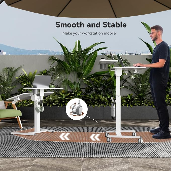 28" Mobile Standing Desk, Tiltable Top with 2-Tier Shelves, White | Pneumatic Rolling Desk, Adjustable Height Computer Workstation, Sit Stand Portable Drafting Table & Laptop Cart on Wheels - Image 8
