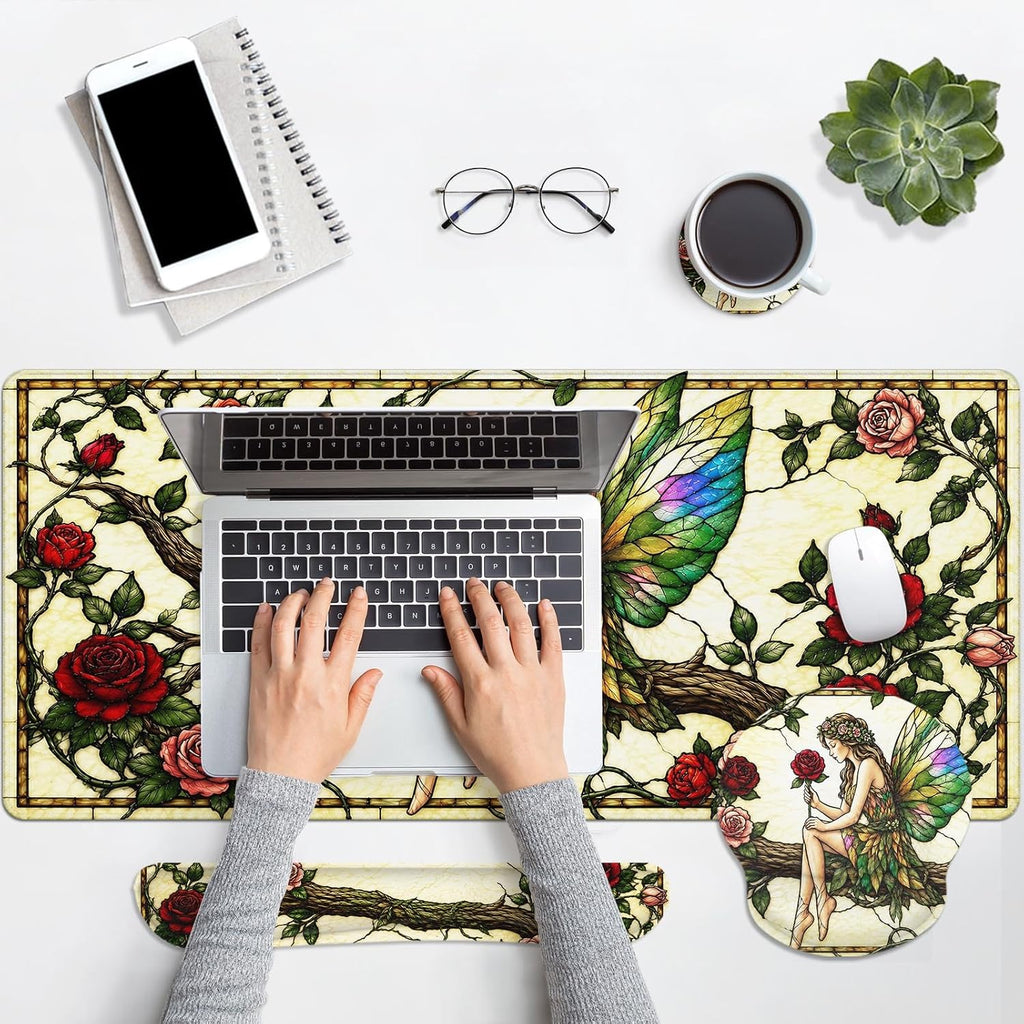 Keyboard Mouse Pad Set, 4 in 1 Desk Mat Set, Rose Fairy - Image 7