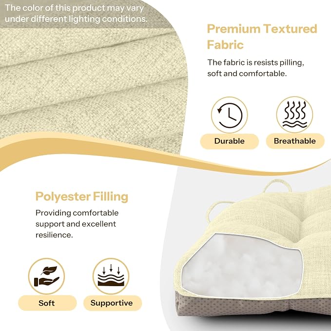 Chair Cushions for Dining Chairs Set of 2, 18"x18"x3", Beige | Non-Slip with Ties, Tufted, Faux Linen, Seat Cushions for Dining Room Kitchen Breakfast Nook Indoor Home Office Living Room - Image 4
