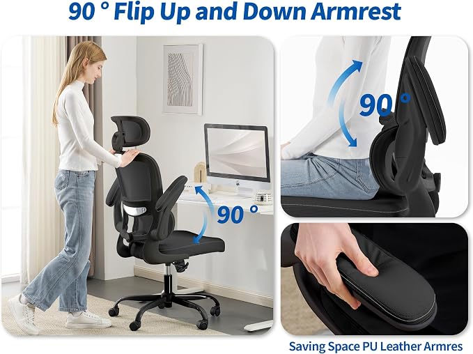 TRALT Ergonomic Office Chair Desk Chair with Adjustable Lumbar Support | Home Office Desk Chairs with Flip-up Armrests & 3D Headrest - Mesh Gaming Chair for Adults, 330lbs, PU Leather (Black, 6) - Image 6