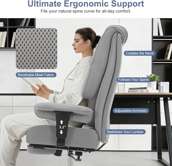 EXCEBET Big and Tall Executive Office Chair 400lbs Wide Seat, Mesh Grey | Wide seat, Retractable footrest, 135° recline, Lumbar support, Breathable mesh,Ergonomic high back for lower back pain relief - Image 4