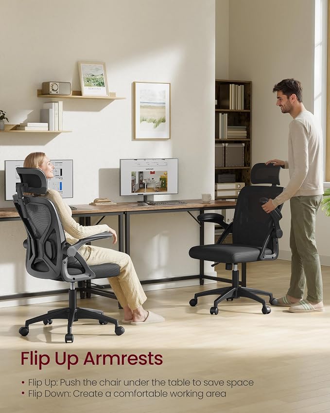VASAGLE Office Chair, Adjustable Mesh with Lumbar Support and Headrest | Ergonomic desk chair, 90-105° tilt function, wide seat, flip-up armrests, home office, Ink Black UOBN044BH01S - Image 8