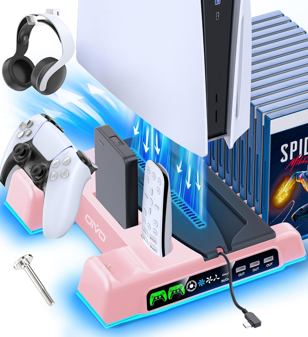 OIVO P 5/Slim/Pro Stand and Cooling Station with LED Controller Charging Station for P 5 Console, Controller Charger, Cooling Stand, P5/Slim/Pro Skin Accessories Kit with 3 Level Cooler Fan, Pink by OIVO