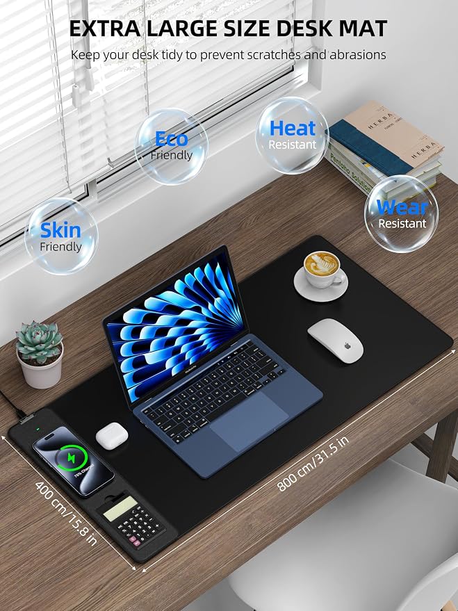 TopMade Mouse Pad with 15W Wireless Charging, Removable 8-Digit Solar Calculator, 31.5" x 15.75" XXL Large Desk Pad, Gaming Computer Keyboard Pad, Waterproof Mousepad Home Office Desk Mat, Black - Image 3