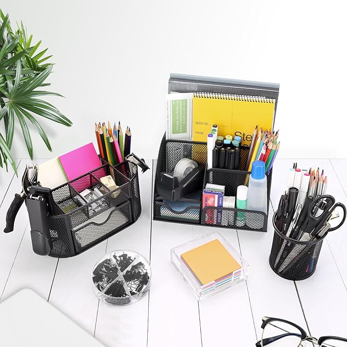 17 IN 1 Office Desk Organizer Set for Back to School Supplies Accessories | 3 Office Desk Storage Organization, 4 Pens, Stapler, Staples & Remover, Tape & Dispenser, Scissors, Ruler, Clips, Hole Punch - Image 6