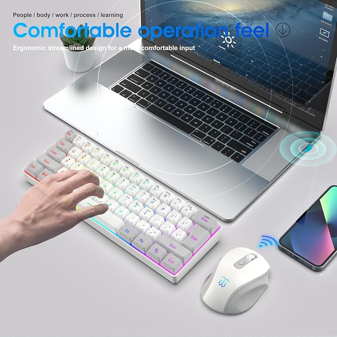 Snpurdiri 2.4G 60% Wireless Gaming Keyboard and Mouse Combo, Grey-White | Include Mini 60% Gaming RGB Backlit Keyboard, Ergonomic Vertical Feel Small Wireless Mouse - Image 8
