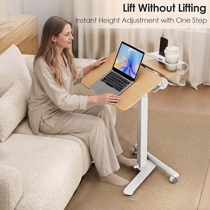 ROMOON Rolling Standing Desk with Wheels, Sit-Stand Portable Laptop Cart | Height Adjustable Mobile Desk with Tilt Top, Storage, 24" Computer Table for Home Office, Bedroom, Small Spaces, Natural Oak - Image 2