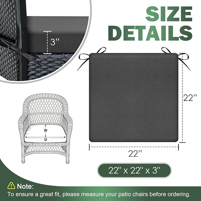 Outdoor Chair Cushions Set of 2, 22x22x3 Inch Waterproof & Fade Resistant Patio Furniture Seat Cushions with Ties, Square Outdoor Dining Chair Cushions for Lawn, Garden, Deck & Yard, Dark Grey - Image 2