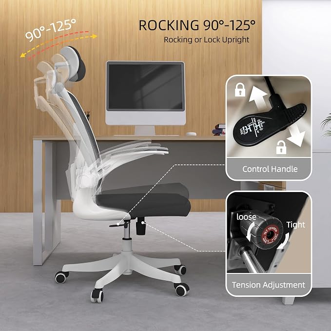 Monhey Office Chair, Ergonomic Office Chair with Lumbar Support & 3D Headrest & Flip Up Arms Home Office Desk Chairs Rockable Computer Chair Multi-Angle from 90° to 130° with 350LBS CapacityChair - Image 10