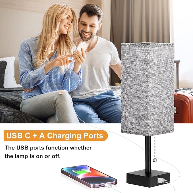 Set of 2 Grey Bedside Table Lamps for Bedroom - Nightstand Lamp, USB C+A | Pull Chain Lamp, 3 Color Modes(3000K/4000K/5000K), E26 LED Bulb Included, Square Grey Fabric Lampshade, for Read, Work, Dorm - Image 3