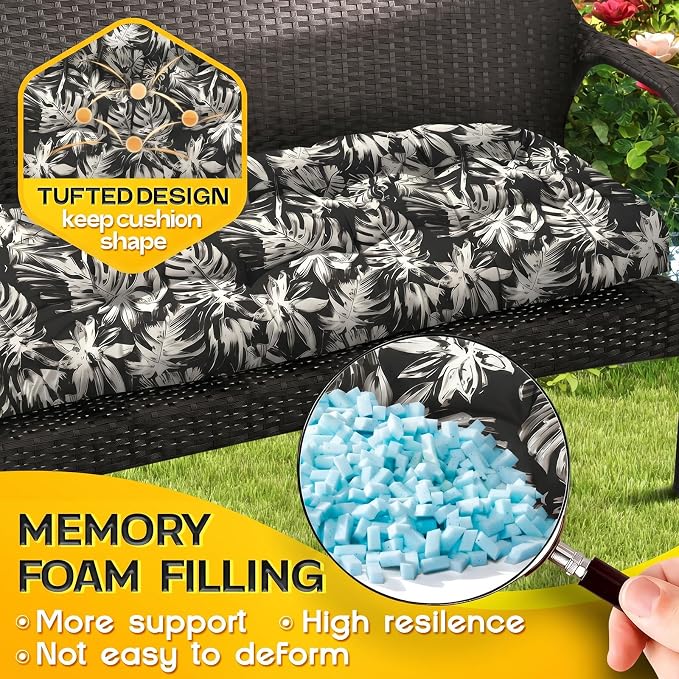 MAGIC ELEPHANT Outdoor Bench Cushion, Memory Foam Loveseat Cushion for Patio Furniture Wicker Chair, Settee Porch Swing Seat Cushion, 44 x 19 Inches (Black Monstera) - Image 3