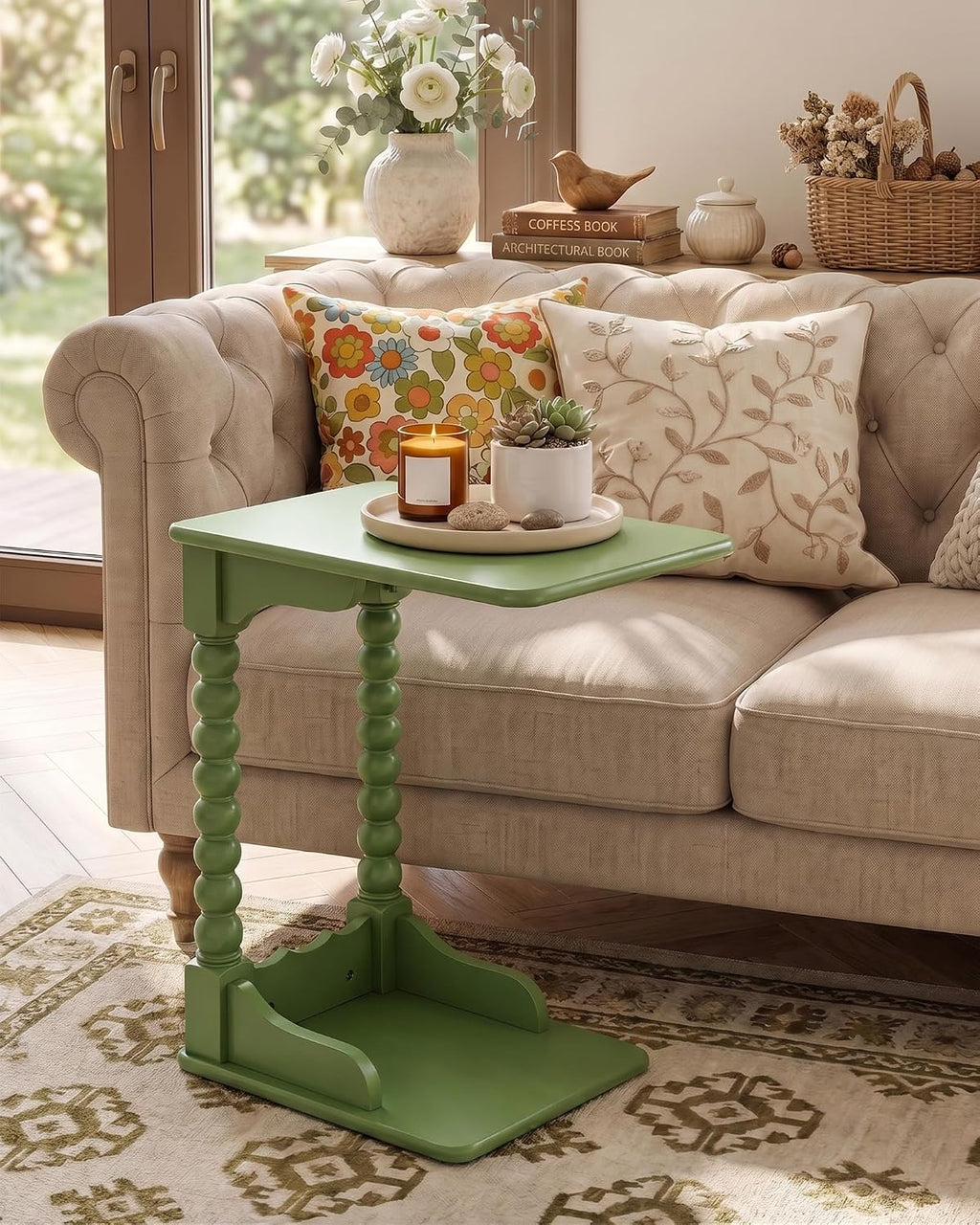 Vintage c Shaped end Table for Couch，100% Solid Wood C Table ，Green - Image 4