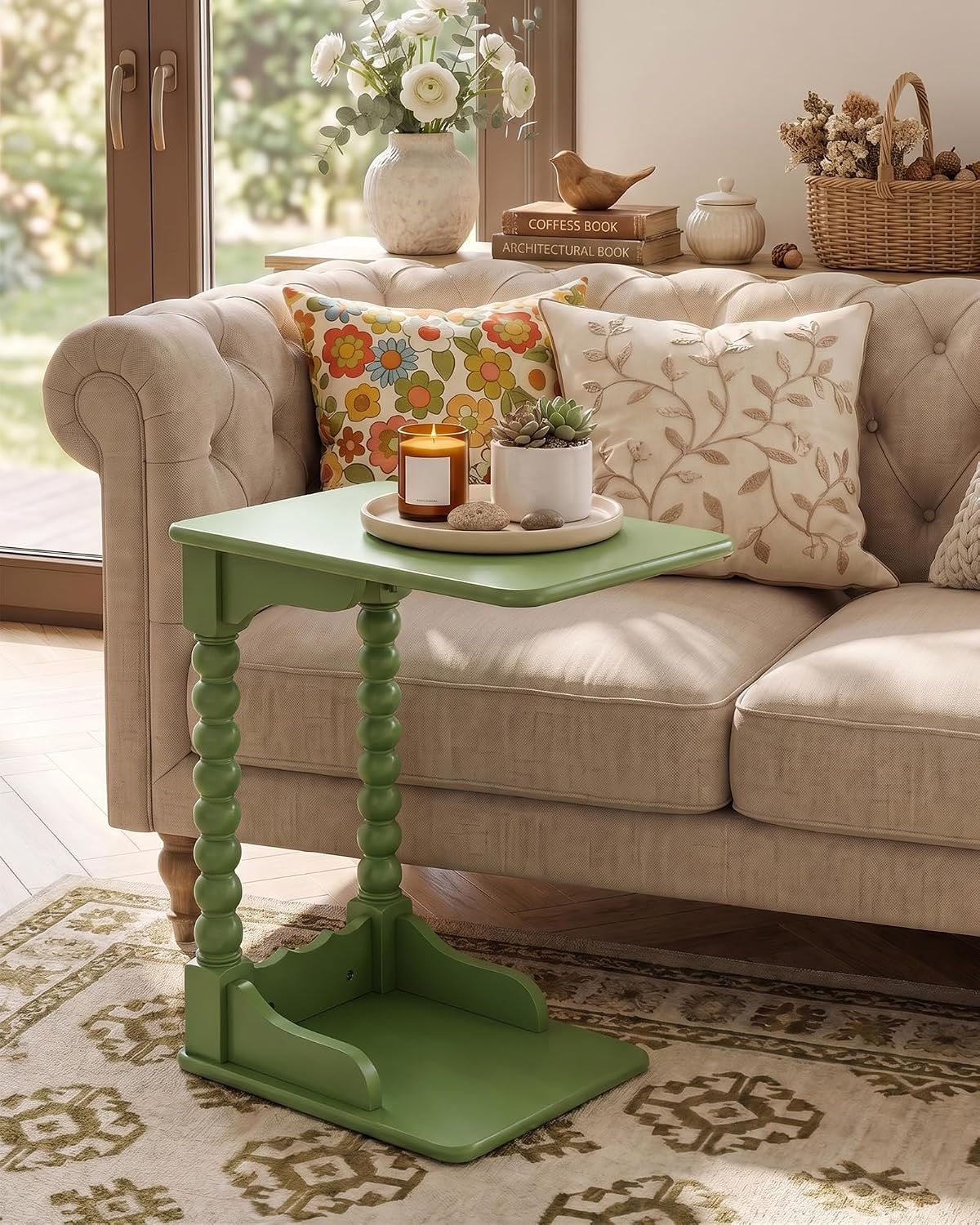Vintage c Shaped end Table for Couch，100% Solid Wood C Table ，Green - Image 4