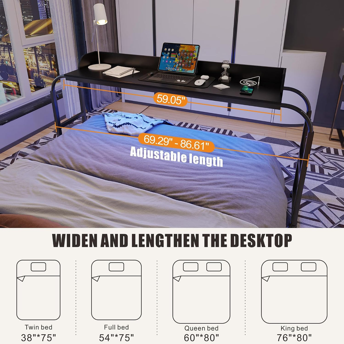 HWB Over Bed Desk with LED Light, Wheels & Charging Station, Black - Image 9
