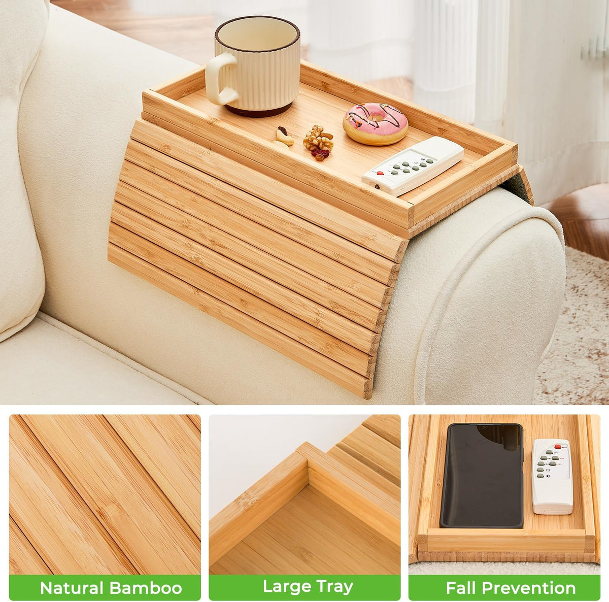 Bamboo Sofa Arm Tray, Anti Falling Couch Arm Tray Table, Foldable Couch Armrest Table, Portable Sofa Armrest Trays Cup Holder for Drink, Cups, Phone, Snacks, Remote - Image 7