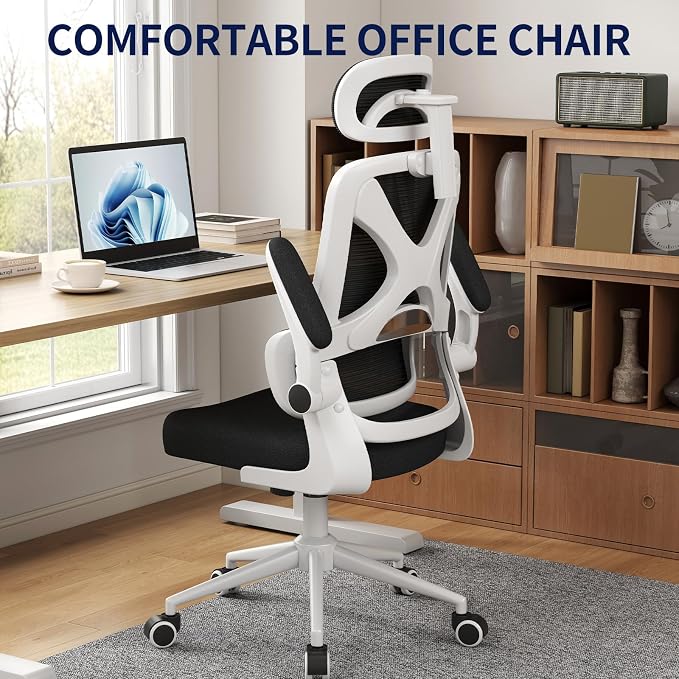 Ergonomic Office Chair - Desk Chair with Adjustable Headrest Lumbar Support Computer Chair - Mesh Comfy Chair with Flip-up Armrests - Gaming Chairs for Adults Home Office 330 LBS (White+Black) - Image 4