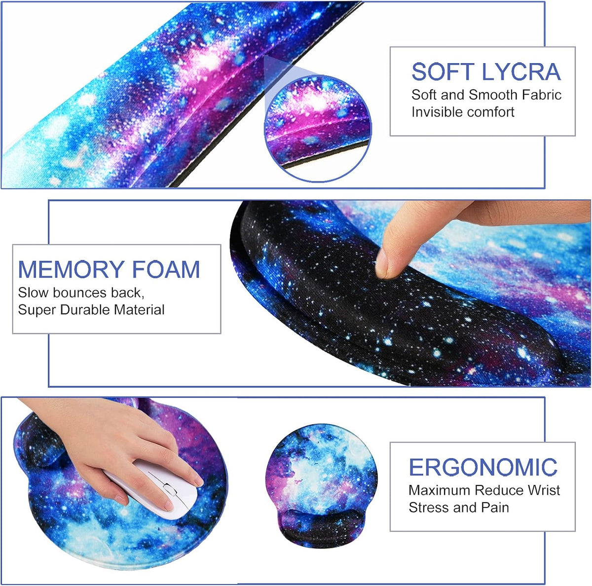 Mouse Pad Keyboard Wrist Rest, Gel Non Slip Rubber Wrist Support Rest Mouse Pad for Home Office, Computer, Laptop, Typist, Gamer, Soft Cushion Mousepad with Memory Foam Ergonomic Nebula Galaxy - Image 3