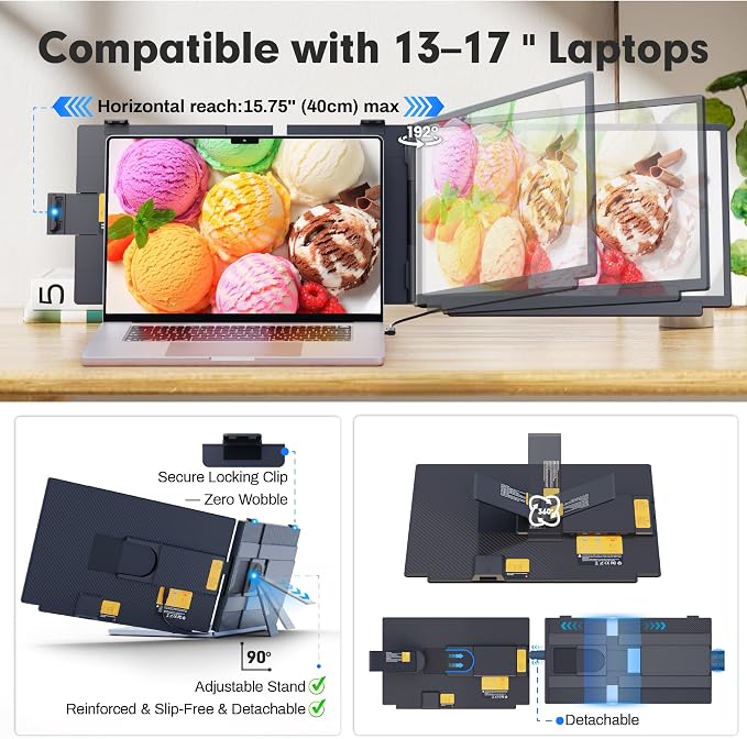 Upgraded Laptop Screen Extender, 15.6”Ultra-Thin Dual Portable Monitor with 1080P FHD IPS, Detachable & 4-in-1 Modes, USB-C/HDMI Plug-Play Monitor Extender for Mac/Win/Android, Fits 13-17" Laptops - Image 7