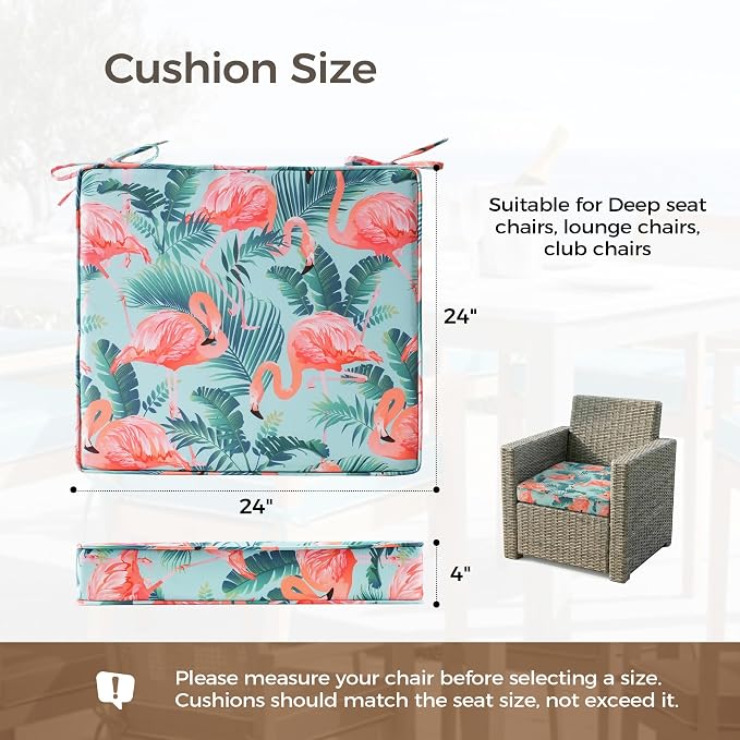 UNIKOME Outdoor Chair Cushions Set of 4, Water Resistant Patio Seat Cushions with Ties for Outdoor Furniture, High-Density Foam, UV & Fade Resistant, Piped Edge – 24" x 24" x 4", Flamingos - Image 2