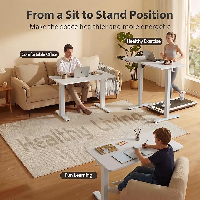 Cubiker Standing Desk, 55x28 Inches Sit Stand Home Office Desk, Electric Stand up Desk, Adjustable Desk with Splice Board, White Frame/White Top - Image 3