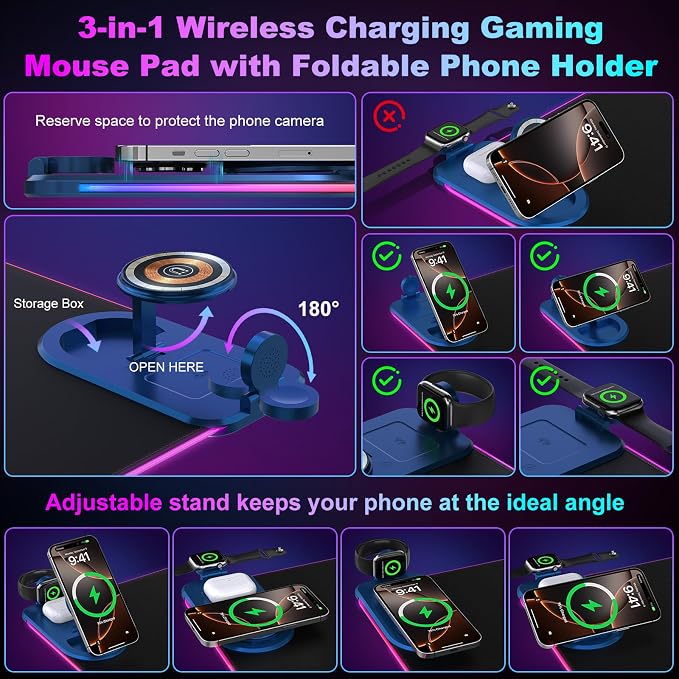 Wireless Charging RGB Gaming Mouse Pad with Foldable Phone Holder, Black | Charging Desk Mat, Large Desk Mat with Waterproof Surface, Ultra-Smooth Surface and Non-Slip Base for Gaming & Office - Image 3